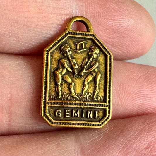 Vintage 1930s-1940s Zodiac Brass Charm GEMINI Gold Tone Astrology NOS