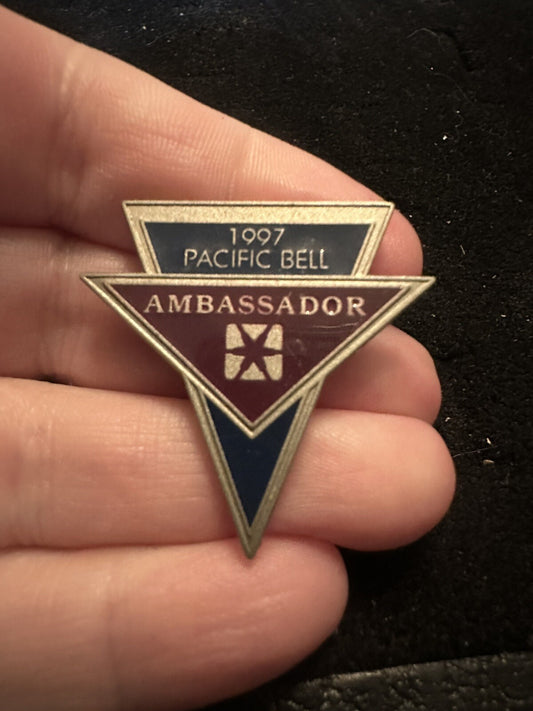 1997 Pacific Bell Ambassador Lapel Pin Pac Bell Bronze Tone & Blue Red Embossed