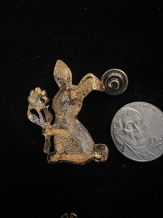 Vintage Avon Easter Bunny Rabbit with Pink Flower and Rhinestone Tack Pin Brooch