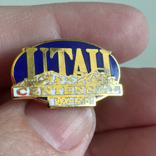 Vintage Utah Centennial 1896–1996 Enamel Pin – Gold & Blue Mountains