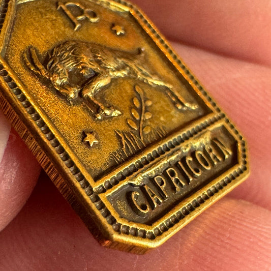 Vintage 1930s-1940s Zodiac Brass Charm CAPRICORN Gold Tone Astrology NOS