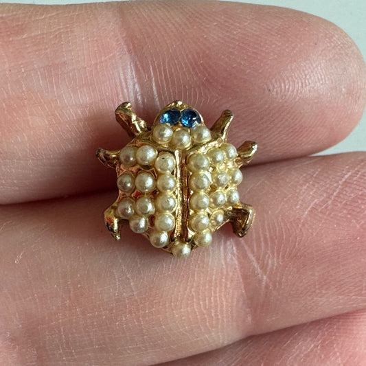 Pearl Ladybug Brooch – Faux Pearl Bug Pin with Blue Crystal Eyes