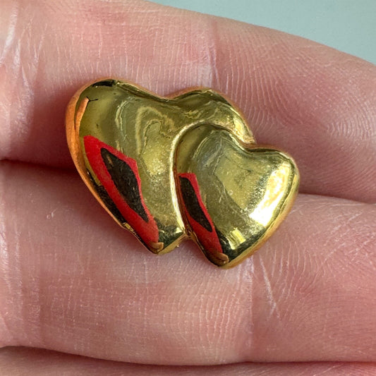Double Puffy Heart Pin – Gold Tone Overlapping Hearts