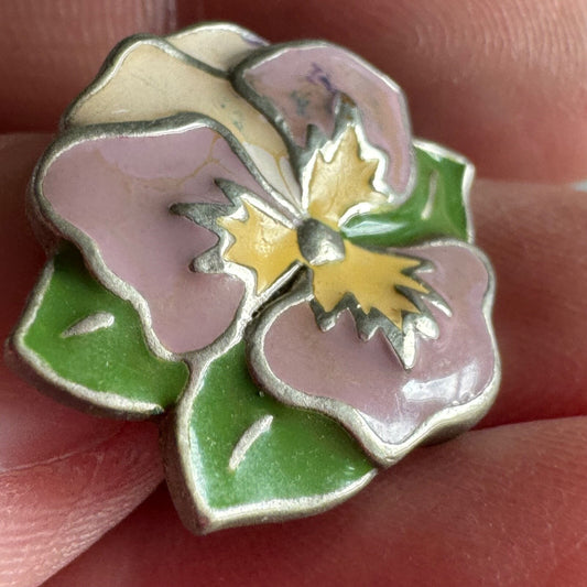 Enamel Pansy Flower Pin – Purple Yellow Green Floral Brooch Tri-Delta