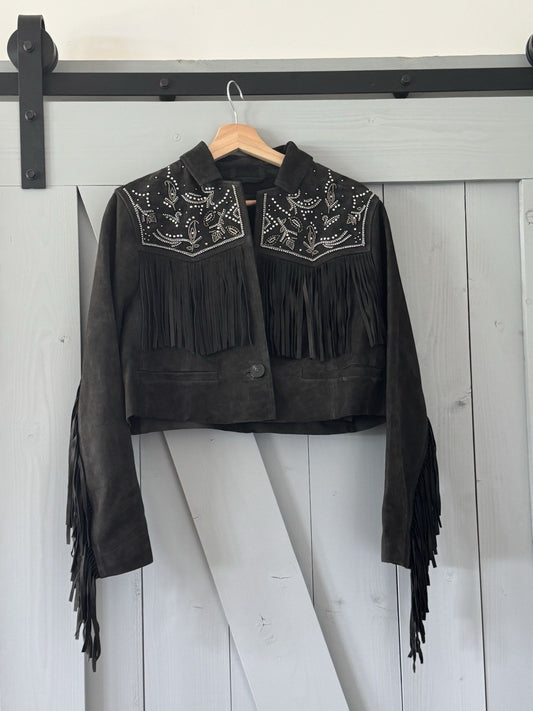 AllSaints Corinna Embellished Fringe Black Suede Cropped Jacket Sz 10 $829