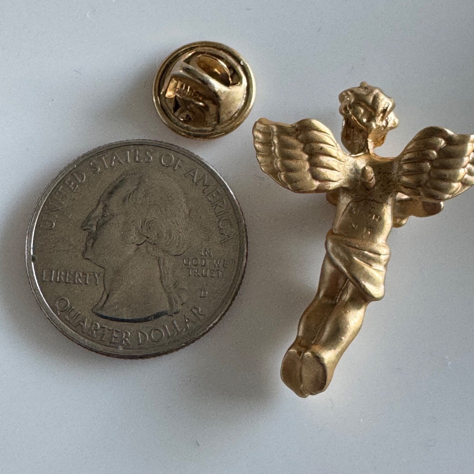 Vintage Angel Holding Shamrock Pin Tie Tack Gold Tone w Enamel St Patricks