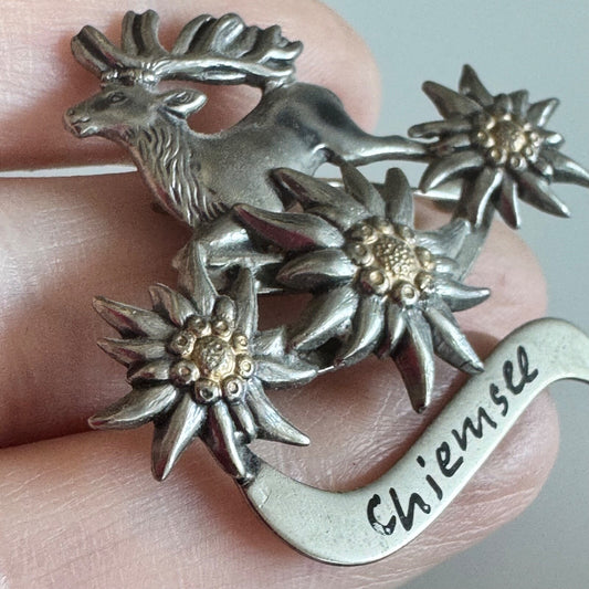 Vintage Chiemsee Germany Deer & Edelweiss Pin – Alpine Pewter Look Stag