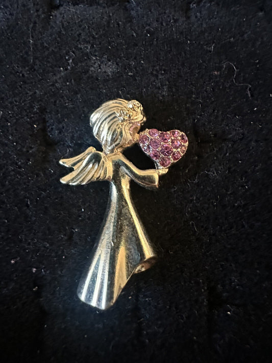 Vintage Avon NR Gold Tone Angel Pink Rhinestone Pave Heart Pin Brooch