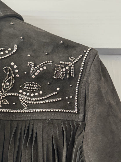 AllSaints Corinna Embellished Fringe Black Suede Cropped Jacket Sz 10 $829