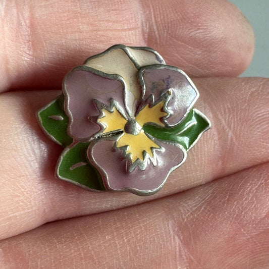 Enamel Pansy Flower Pin – Purple Yellow Green Floral Brooch Tri-Delta