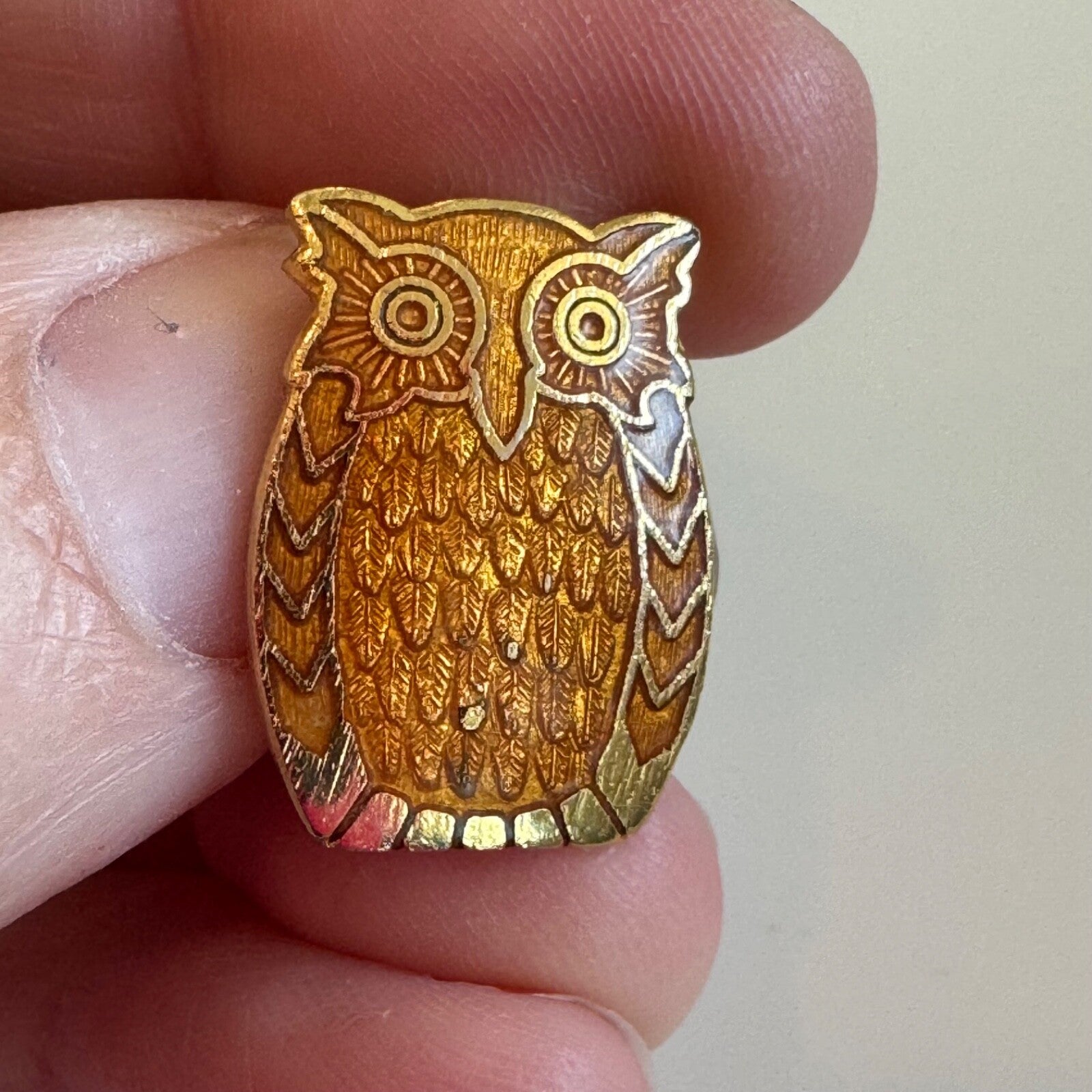 Vintage Cloisonne Owl Gold Tone Lapel Pin Brooch