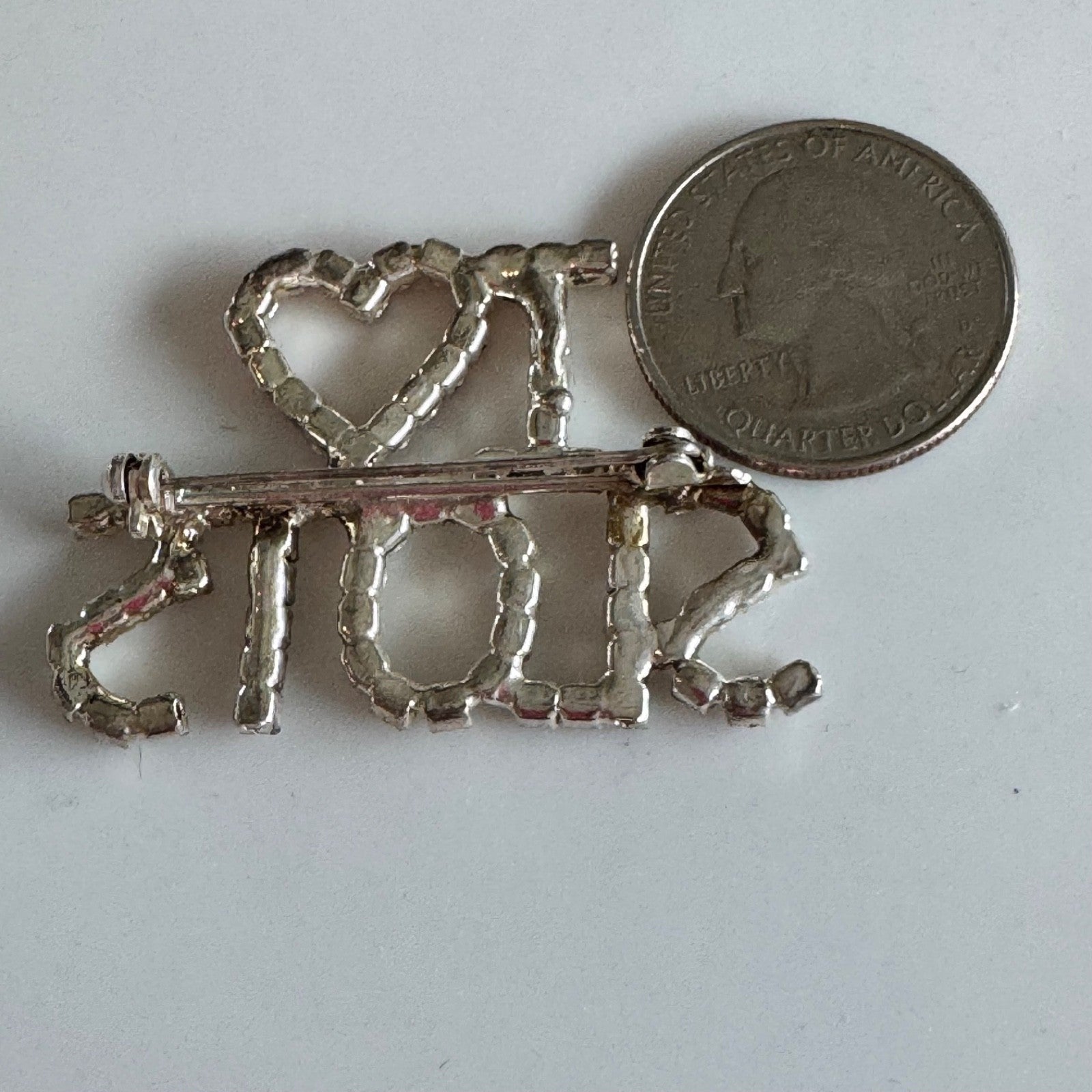 1980's I Love Slots Clear Rhinestone Red Heart Silver Plated Pin Brooch