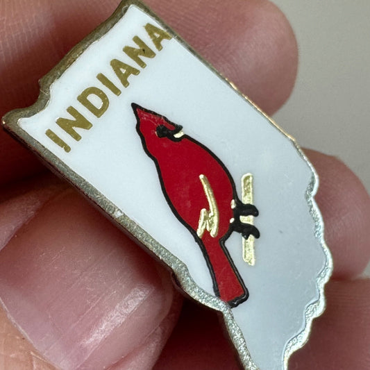 Vintage Indiana Cardinal State Pin – Red Bird on White Enamel Badge