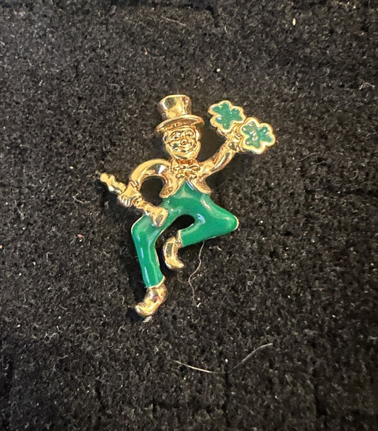 St. Patrick's Day IRISH Shamrock Clover Gold Tone LEPRECHAUN AVON Brooch Pin