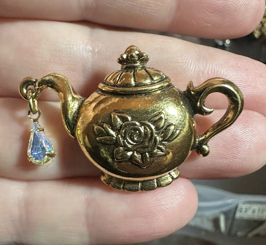 Gold Tone Tea Time Floral Design Collectible Teapot Pin With Dangle Charm Avon 