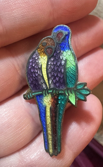 Antique Guilloche Love Birds on a Branch Brooch Cloisonné Enamel Pin Parrots