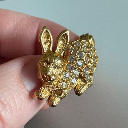 Vintage Pave Rhinestone Bunny Rabbit Brooch Pin Gold Tone Easter Bunny Tie Tack