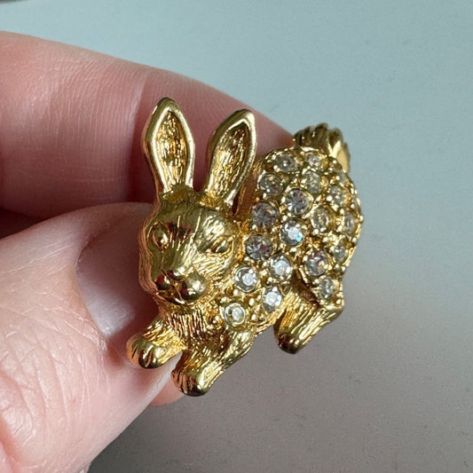 Vintage Pave Rhinestone Bunny Rabbit Brooch Pin Gold Tone Easter Bunny Tie Tack