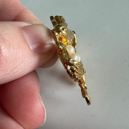 Vintage Avon Mothers Nest Bird Faux Pearl Gold Tone Pin 1991 Three Eggs