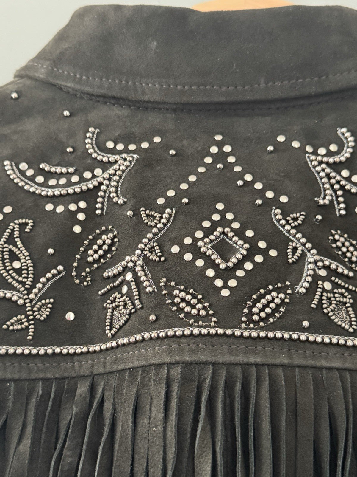 AllSaints Corinna Embellished Fringe Black Suede Cropped Jacket Sz 10 $829