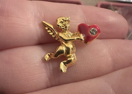 Gold Colored Cupid Holding Red Enamel Heart With Rhinestone Lapel Pin