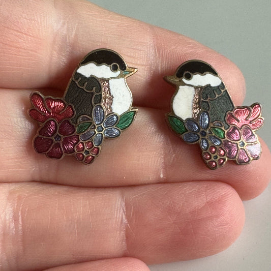 Vintage Cloisonne Bird Earrings with Flowers Pierced