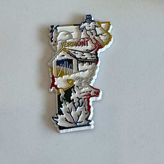 Vtg Vermont State Souvenir Magnet Covered Bridge & Skiing Scene Ski Cow Maple