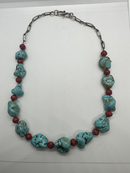 925 STERLING SILVER BLUE TURQUOISE AND RED CORAL NECKLACE