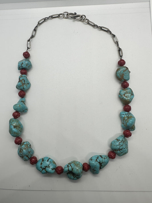 925 STERLING SILVER BLUE TURQUOISE AND RED CORAL NECKLACE