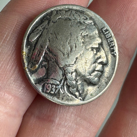1937 Buffalo Nickel Vintage U.S. Indian Head 5 Cent Coin Pin Tie Tack Domed