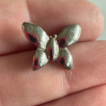 Silver Tone Butterfly Brooch – Small Vintage Insect Pin with Pink Details