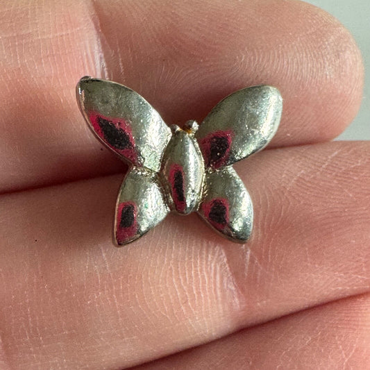 Silver Tone Butterfly Brooch – Small Vintage Insect Pin with Pink Details