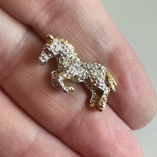 Gold & Rhinestone Prancing Horse Brooch Pin Tie Tack Signed