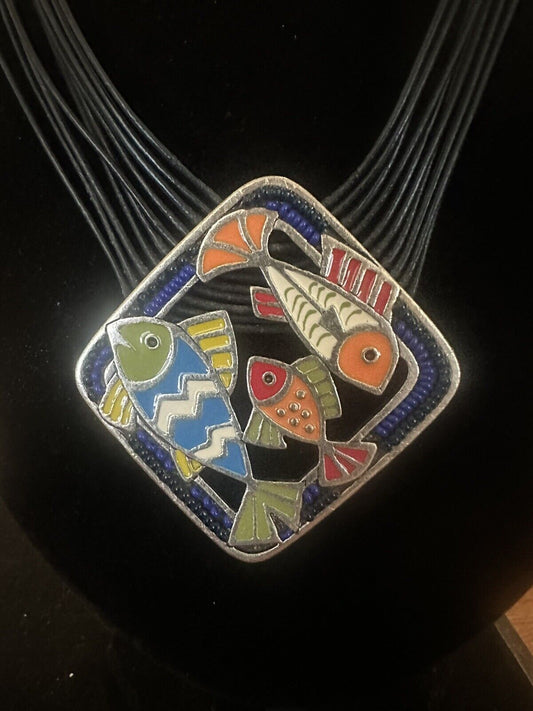 Chico’s Leather Enamel Beaded Multicolored Fish Necklace Adjustable Chicos