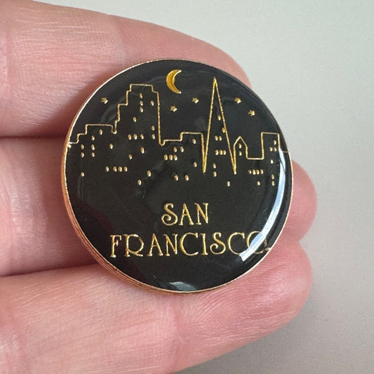 Vintage San Francisco City Skyline Pin – Night Scene Gold on Black