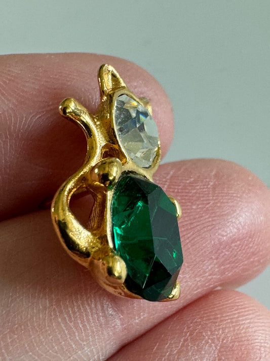 May Birthstone Cat Pin Tie Tack Faceted Faux Gem Face & Faux Emerald Body