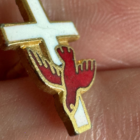 Vintage White Cross with Red Dove Pin – Holy Spirit Peaceful Christian Symbol