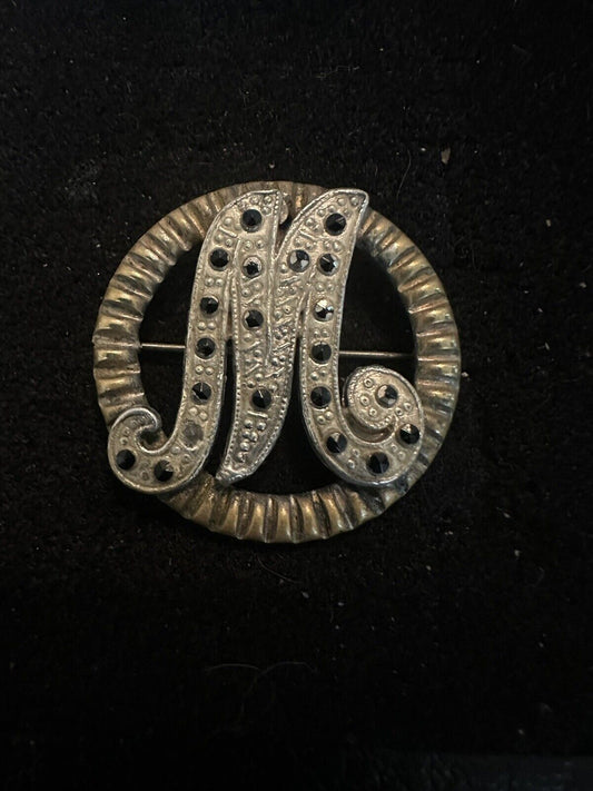 Antique Victorian Marcasite Look M Monogram Initial Brooch/ Pin Heavy!