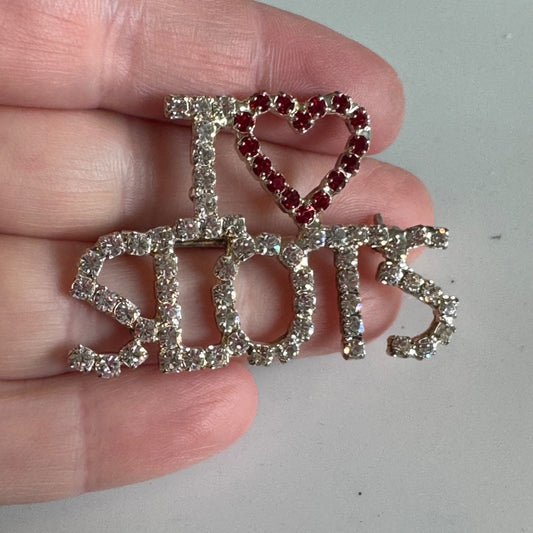 1980's I Love Slots Clear Rhinestone Red Heart Silver Plated Pin Brooch