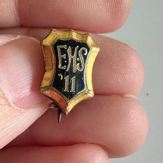 Antique 1911 EHS High School ’11 Pin – Black & Gold Shield Lapel Badge