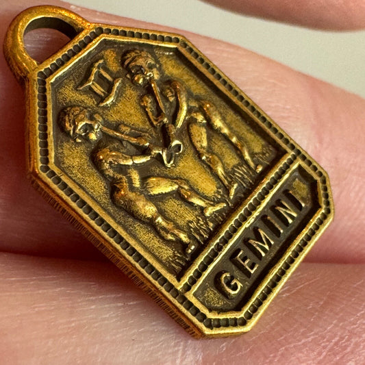 Vintage 1930s-1940s Zodiac Brass Charm GEMINI Gold Tone Astrology NOS