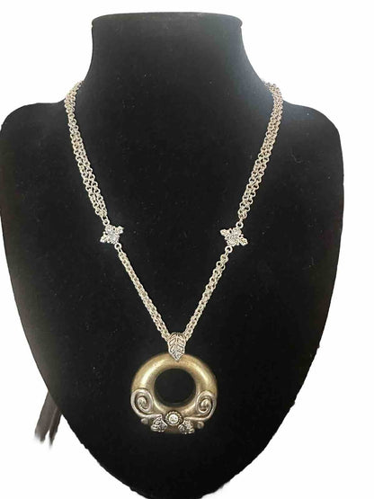 19" CHICO'S Pendant Necklace Crystal Leaf Motif Silver Brass