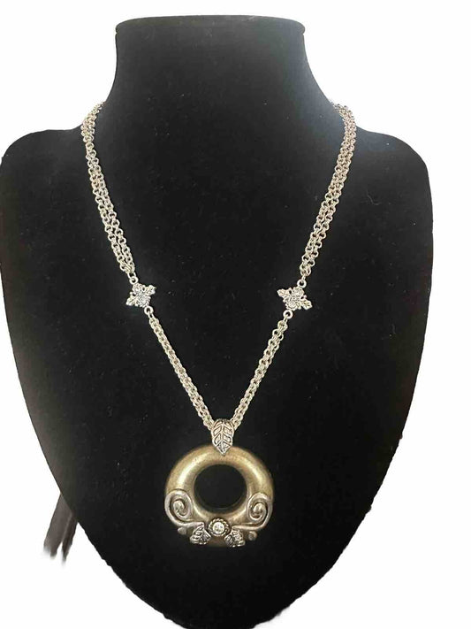 19" CHICO'S Pendant Necklace Crystal Leaf Motif Silver Brass