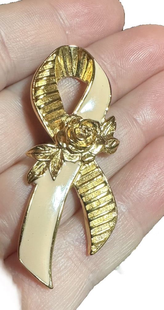 Vintage Avon Breast Cancer Large Pink Ribbon Brooch Pin Gold Tone