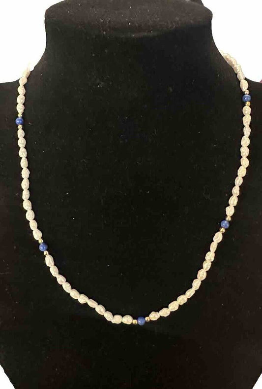 AUTHENTIC SIGNED 14KT & FRESHWATER PEARL LAPIS STATIONS NECKLACE 18.5”
