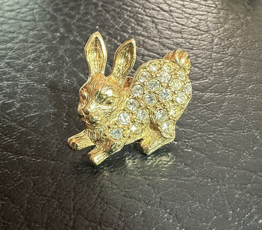 Vintage Pave Rhinestone Bunny Rabbit Brooch Pin Gold Tone Easter Bunny Tie Tack