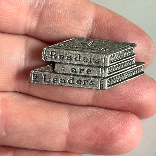 “Readers Are Leaders” Stack of Books Pewter Pin – Inspiring Literacy Lapel