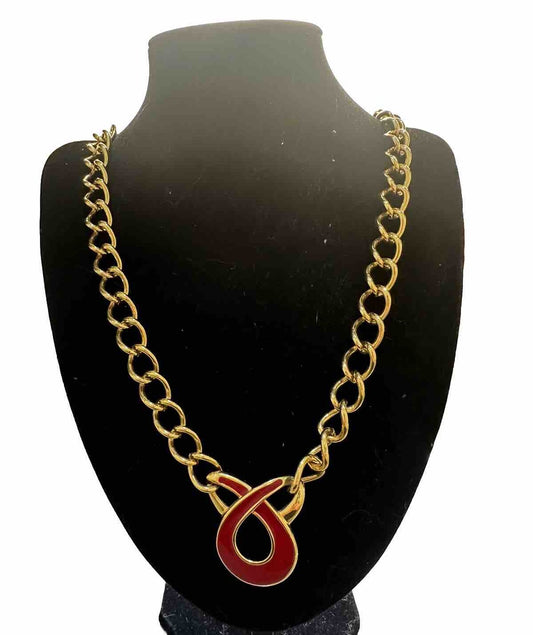 VTG. NAPIER STATEMENT GOLD TONE RED ENAMEL DROP LINK NECKLACE 25”