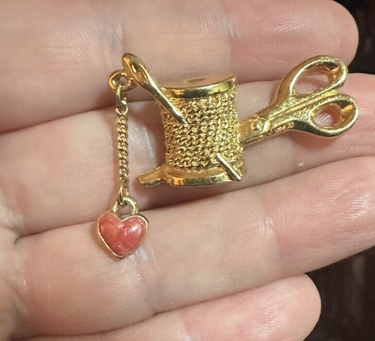 Vintage 1993 Avon Sewing Spool Scissors Needle Thread Heart Lapel Pin Brooch