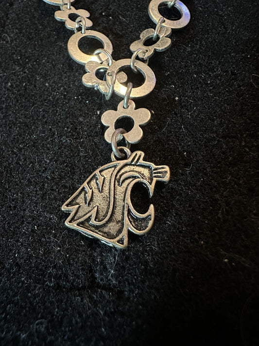 Vintage Washington State Cougars 19” Necklace and Earrings Silver Tone Flowers